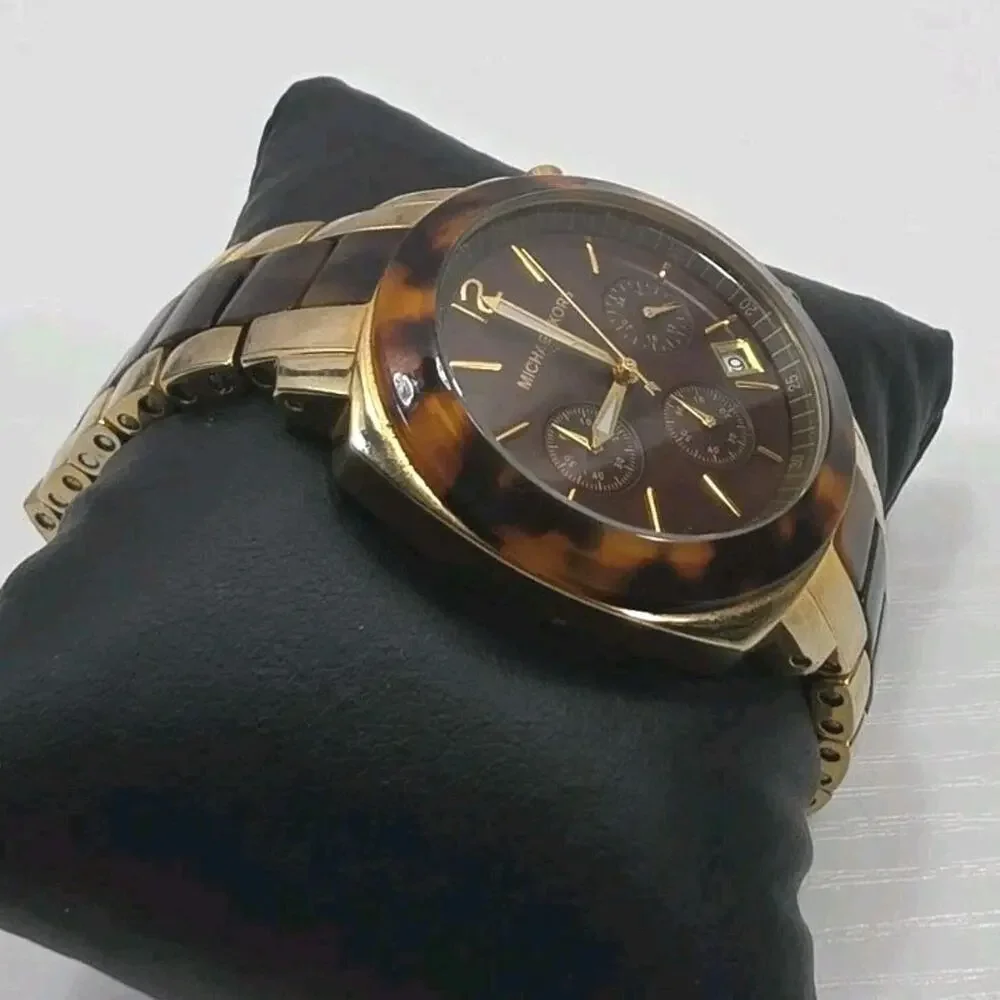 Michael Kors MK5246 Women's Chronograph Gold Tone Brown Dial New Battery W281